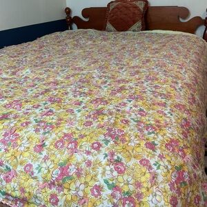 Handmade vintage 70s flower power cotton blanket 73.5” x 63.5” FLAWED